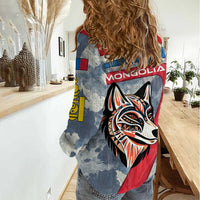 Mongolia Women Casual Shirt with Tribal Wolf Clouds Red Blue Flag Spirit