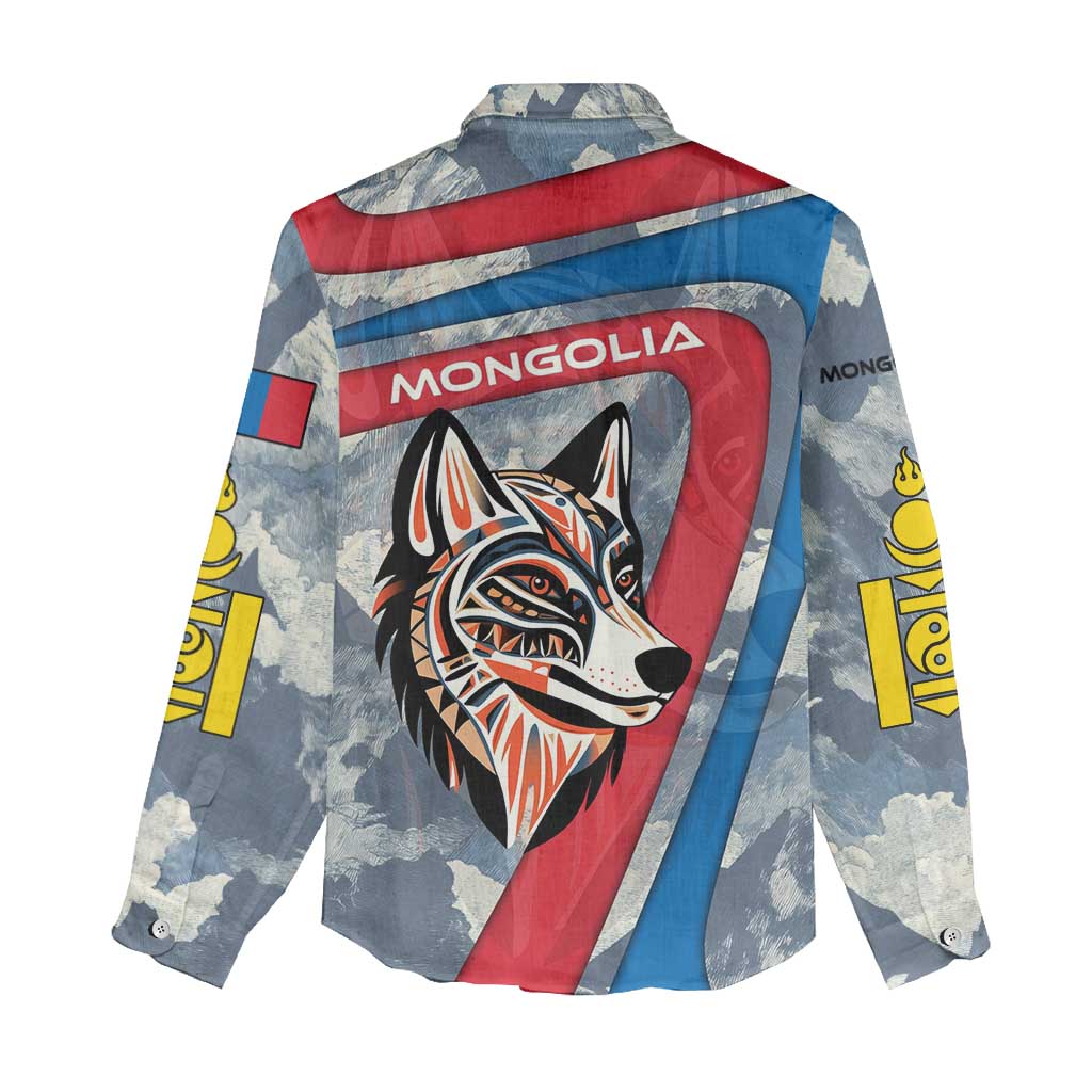 Mongolia Women Casual Shirt with Tribal Wolf Clouds Red Blue Flag Spirit