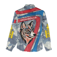 Mongolia Women Casual Shirt with Tribal Wolf Clouds Red Blue Flag Spirit
