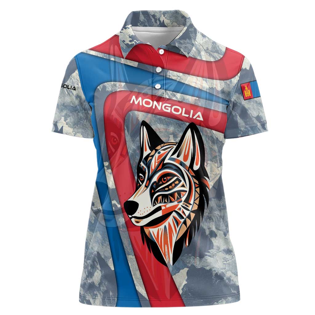Mongolia Women Polo Shirt with Tribal Wolf Clouds Red Blue Flag Spirit