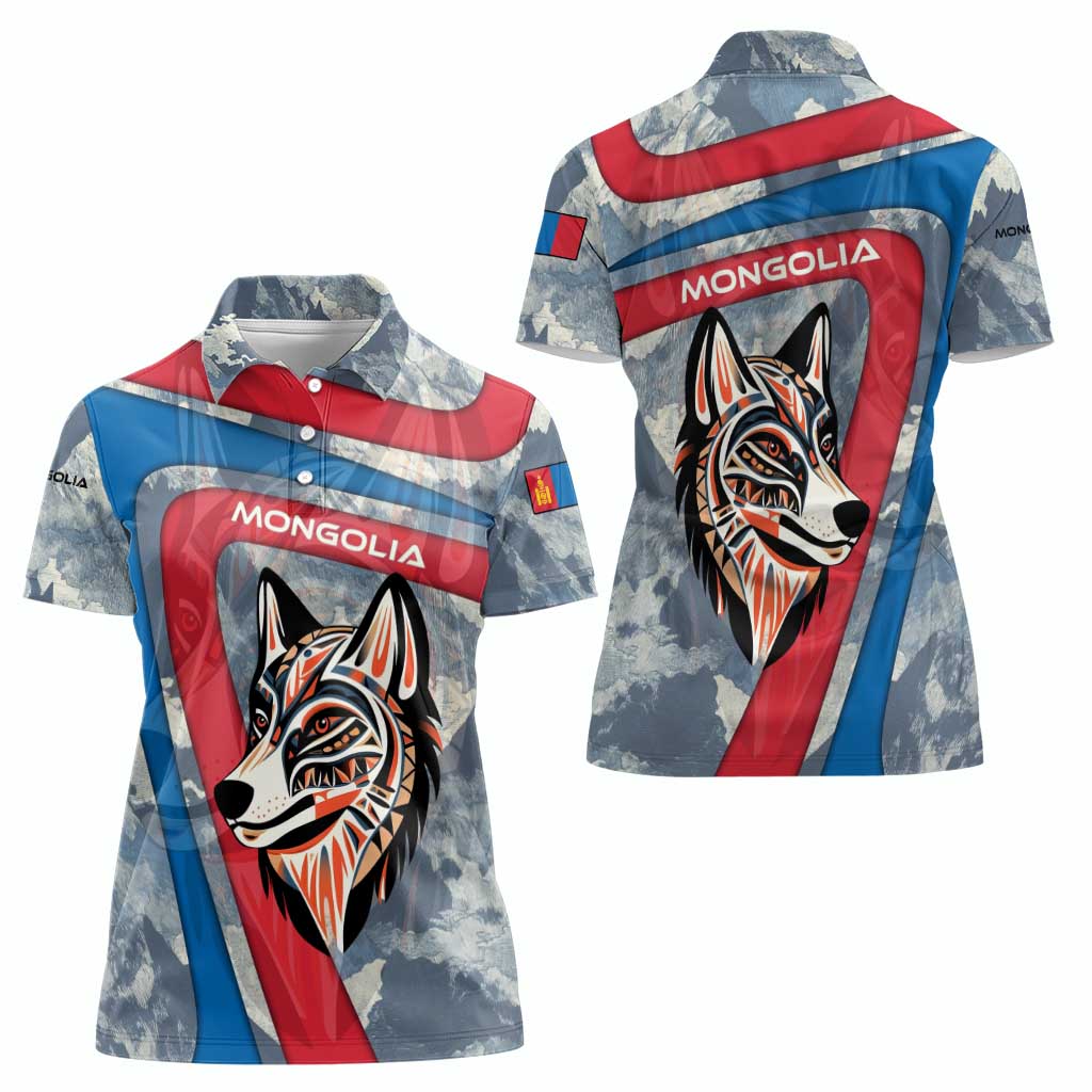 Mongolia Women Polo Shirt with Tribal Wolf Clouds Red Blue Flag Spirit
