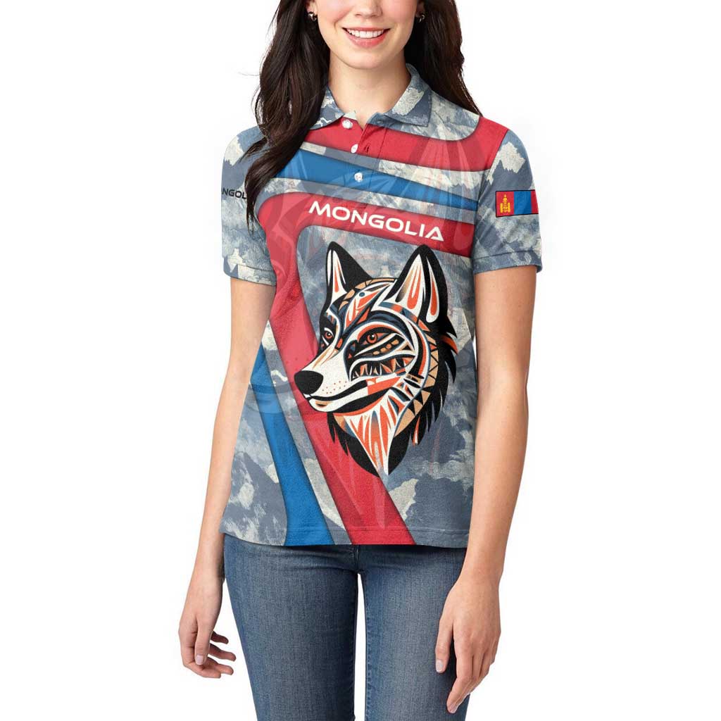 Mongolia Women Polo Shirt with Tribal Wolf Clouds Red Blue Flag Spirit