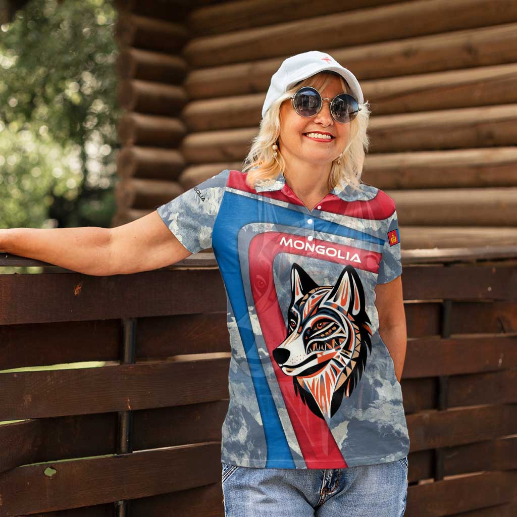 Mongolia Women Polo Shirt with Tribal Wolf Clouds Red Blue Flag Spirit