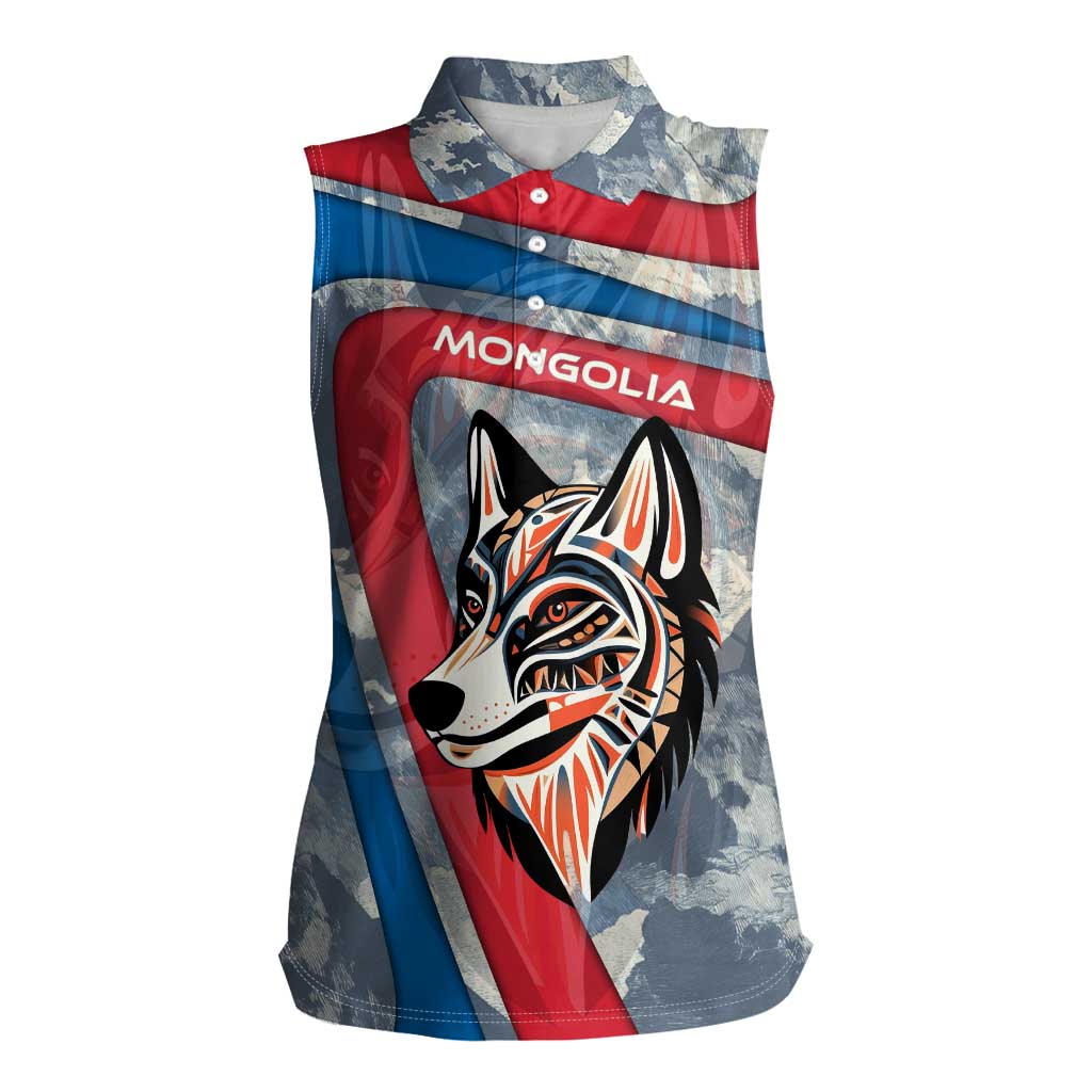 Mongolia Women Sleeveless Polo Shirt with Tribal Wolf Clouds Red Blue Flag Spirit