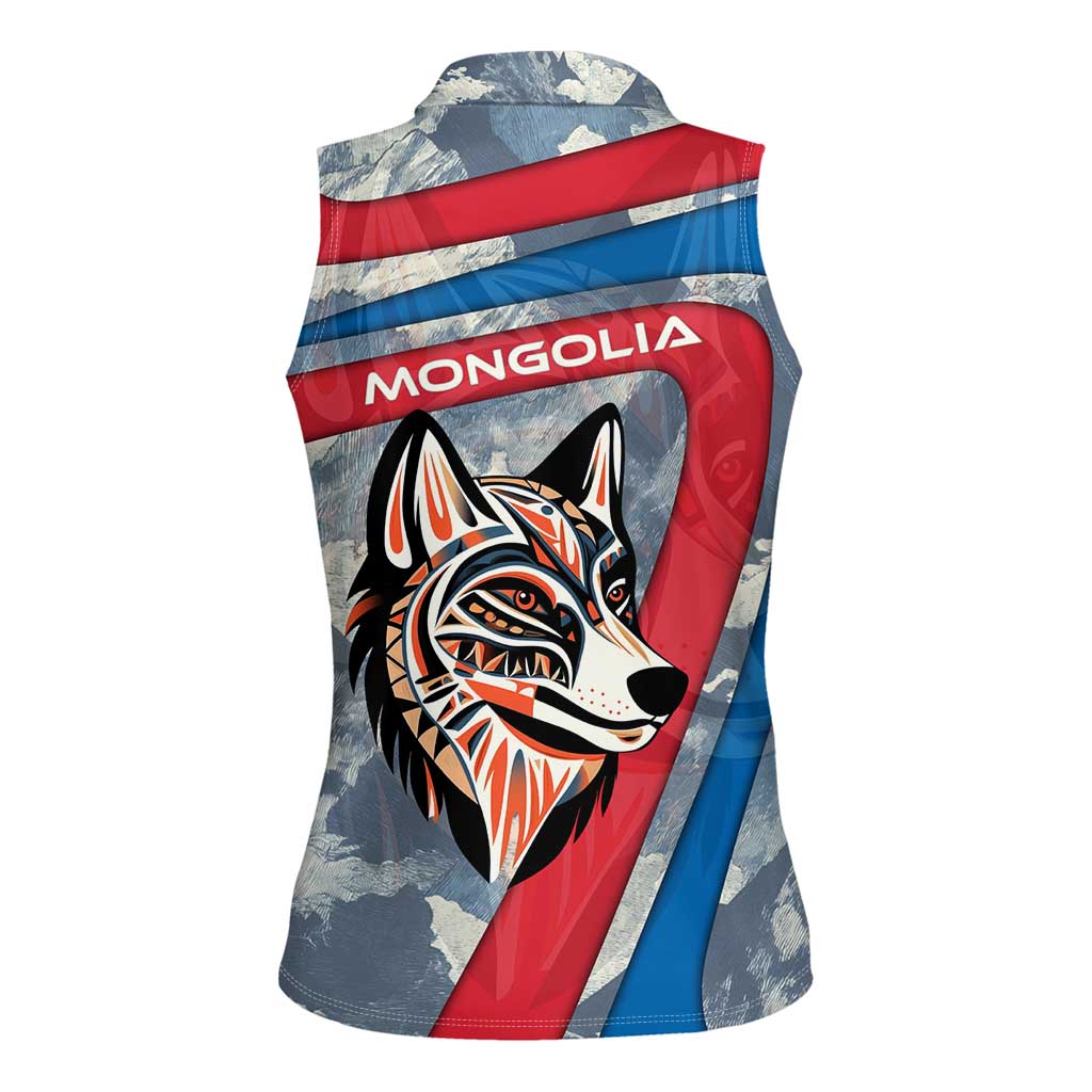 Mongolia Women Sleeveless Polo Shirt with Tribal Wolf Clouds Red Blue Flag Spirit