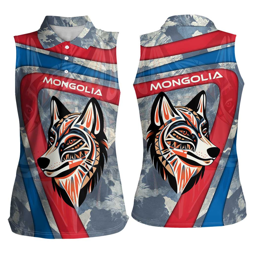 Mongolia Women Sleeveless Polo Shirt with Tribal Wolf Clouds Red Blue Flag Spirit