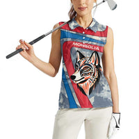 Mongolia Women Sleeveless Polo Shirt with Tribal Wolf Clouds Red Blue Flag Spirit