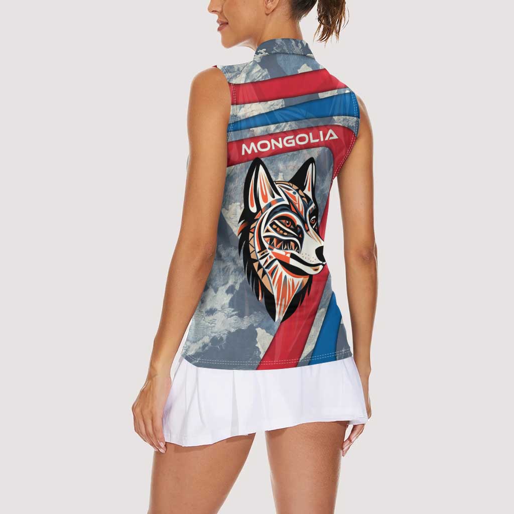 Mongolia Women Sleeveless Polo Shirt with Tribal Wolf Clouds Red Blue Flag Spirit