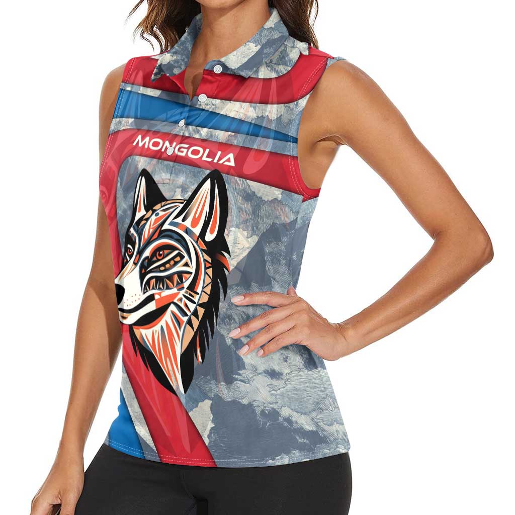 Mongolia Women Sleeveless Polo Shirt with Tribal Wolf Clouds Red Blue Flag Spirit