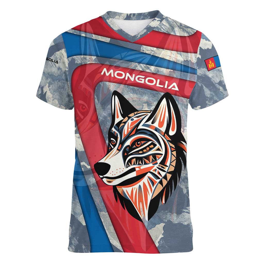 Mongolia Women V-Neck T-Shirt with Tribal Wolf Clouds Red Blue Flag Spirit