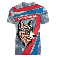 Mongolia Women V-Neck T-Shirt with Tribal Wolf Clouds Red Blue Flag Spirit