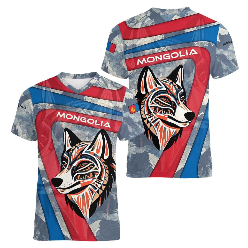 Mongolia Women V-Neck T-Shirt with Tribal Wolf Clouds Red Blue Flag Spirit