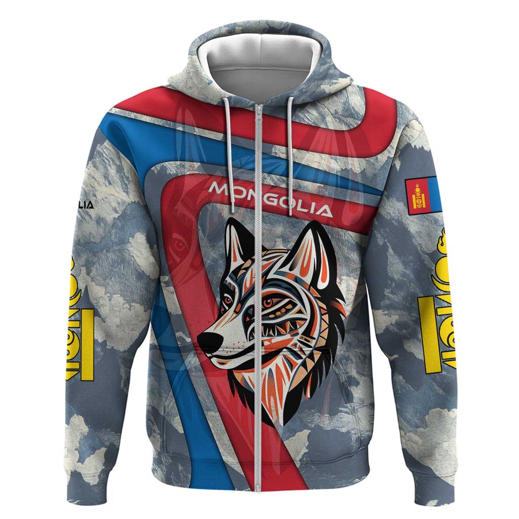Mongolia Zip Hoodie with Tribal Wolf Clouds Red Blue Flag Spirit