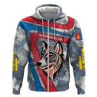 Mongolia Zip Hoodie with Tribal Wolf Clouds Red Blue Flag Spirit