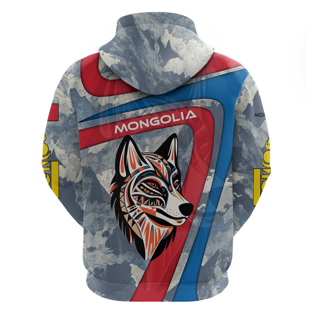 Mongolia Zip Hoodie with Tribal Wolf Clouds Red Blue Flag Spirit