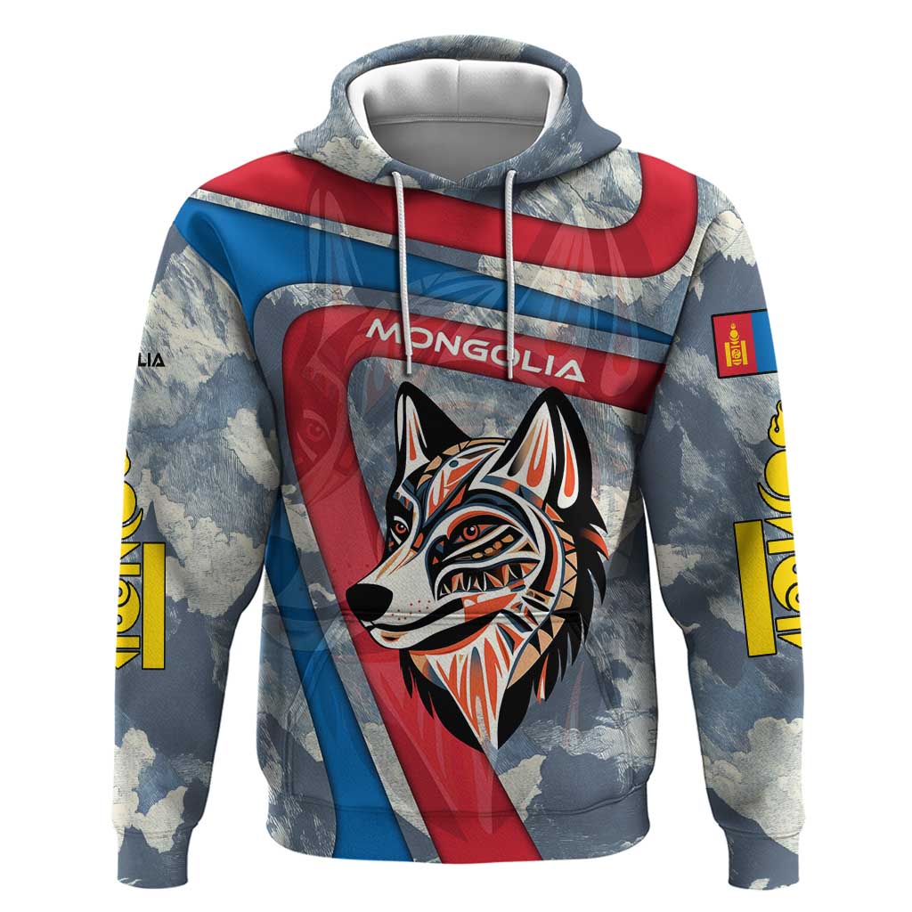 Mongolia Zip Hoodie with Tribal Wolf Clouds Red Blue Flag Spirit
