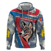 Mongolia Zip Hoodie with Tribal Wolf Clouds Red Blue Flag Spirit