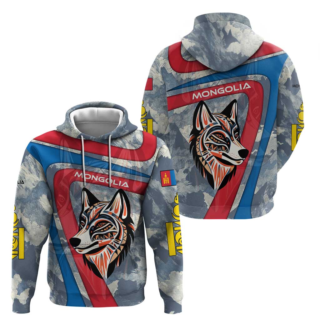 Mongolia Zip Hoodie with Tribal Wolf Clouds Red Blue Flag Spirit