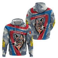 Mongolia Zip Hoodie with Tribal Wolf Clouds Red Blue Flag Spirit