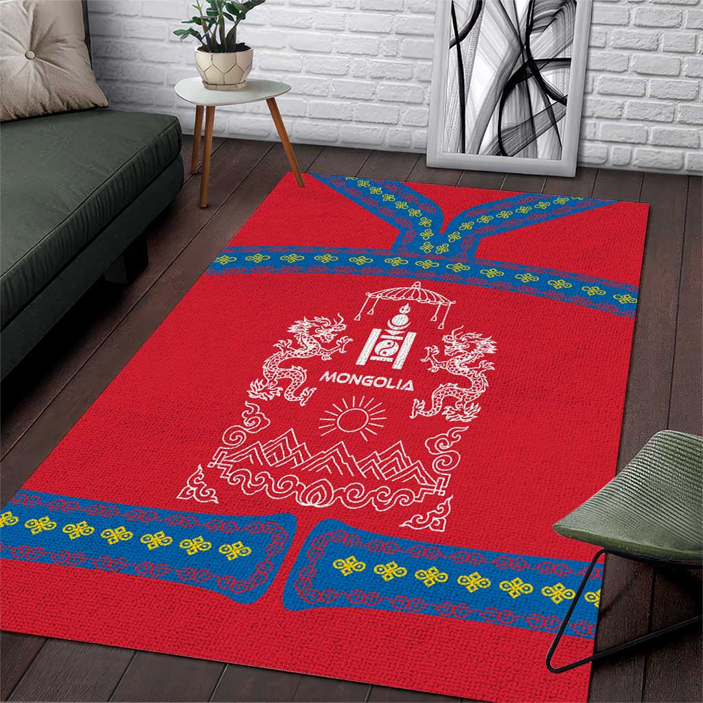Mongolia Area Rug with Soyombo Dragon Sun Red Blue Tradition Spirit