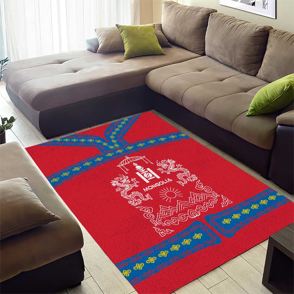 Mongolia Area Rug with Soyombo Dragon Sun Red Blue Tradition Spirit