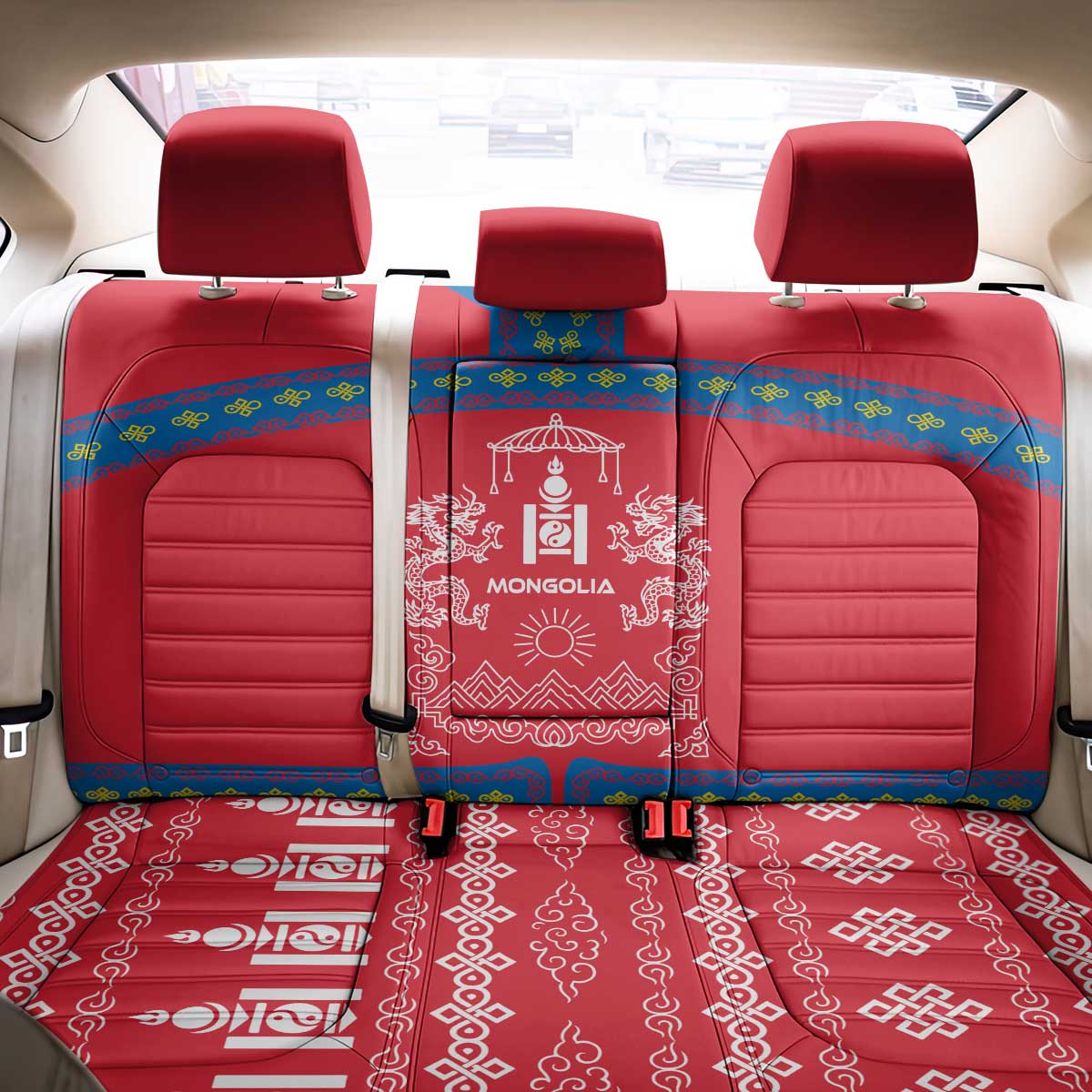 Mongolia Back Car Seat Cover with Soyombo Dragon Sun Red Blue Tradition Spirit