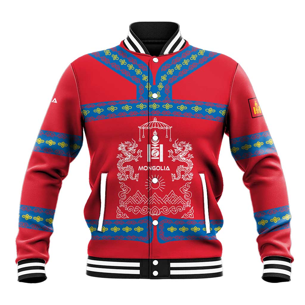 Mongolia Baseball Jacket with Soyombo Dragon Sun Red Blue Tradition Spirit