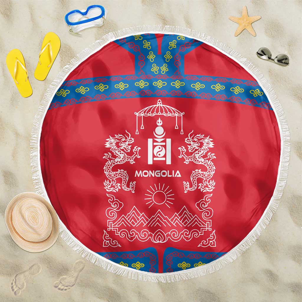 Mongolia Beach Blanket with Soyombo Dragon Sun Red Blue Tradition Spirit