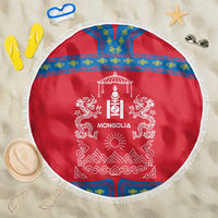 Mongolia Beach Blanket with Soyombo Dragon Sun Red Blue Tradition Spirit