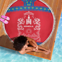 Mongolia Beach Blanket with Soyombo Dragon Sun Red Blue Tradition Spirit