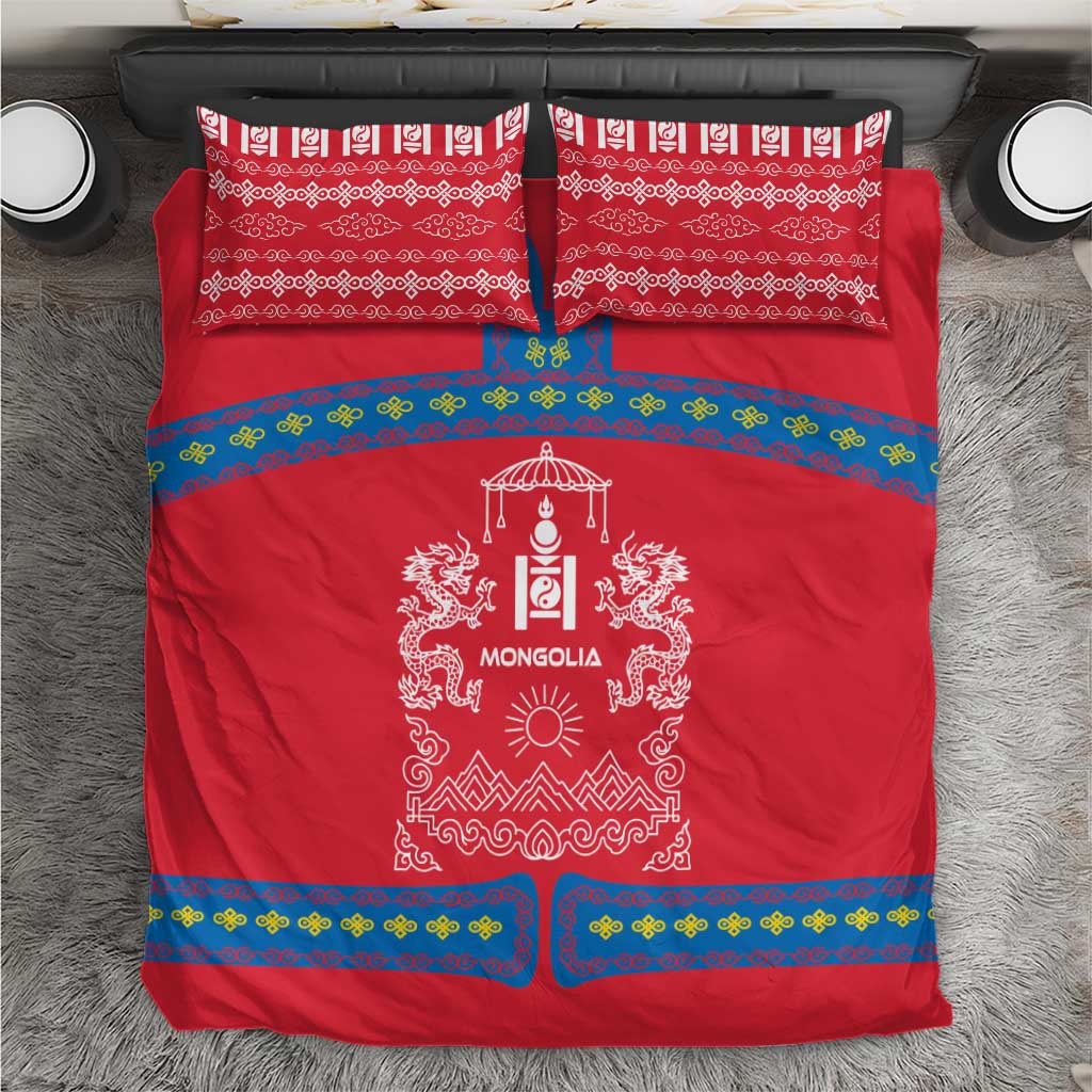 Mongolia Bedding Set with Soyombo Dragon Sun Red Blue Tradition Spirit