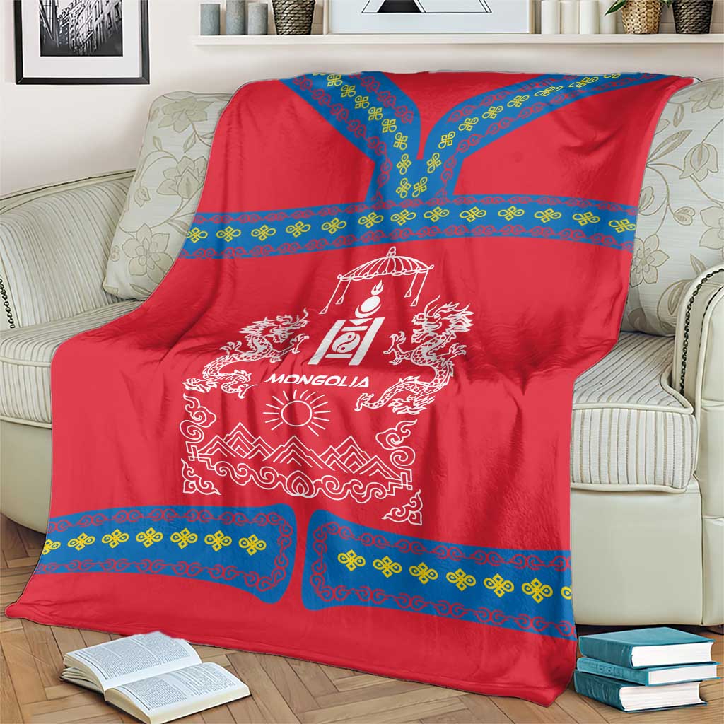 Mongolia Blanket with Soyombo Dragon Sun Red Blue Tradition Spirit