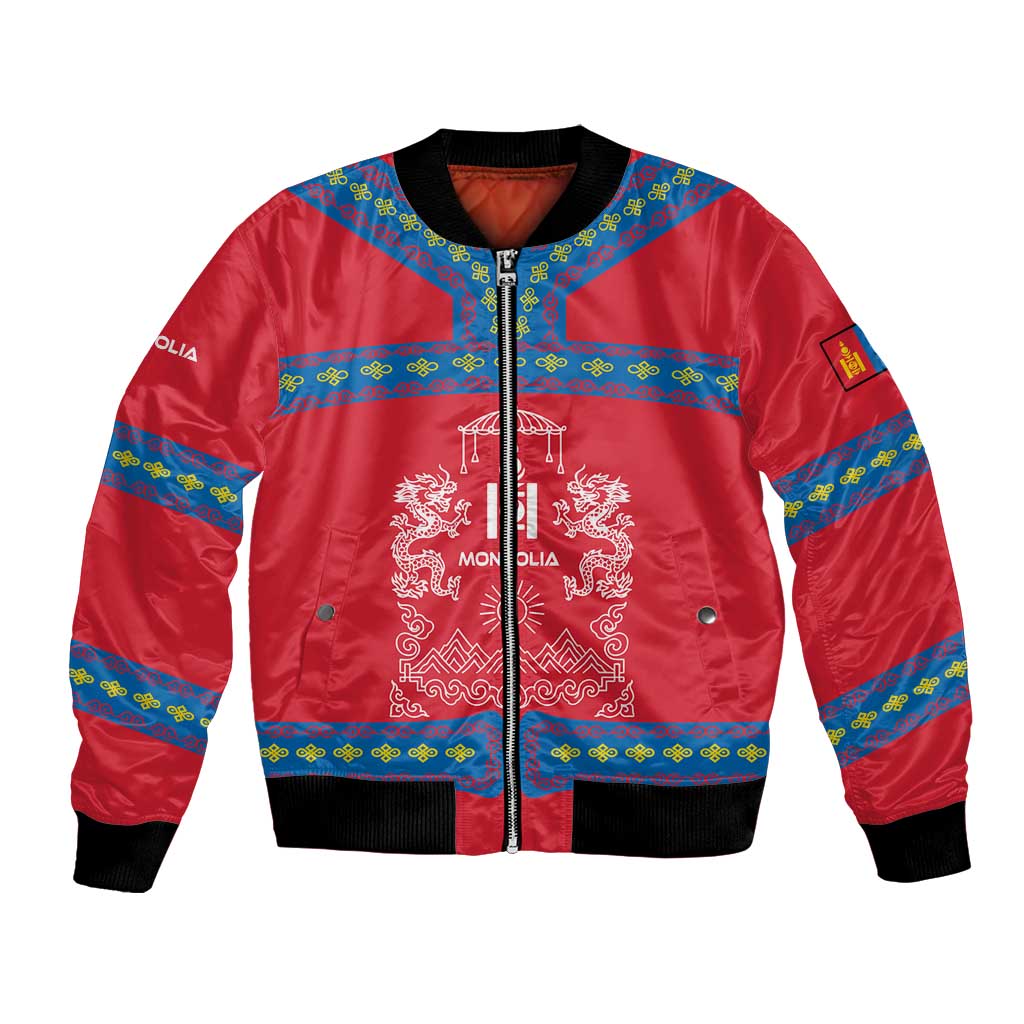 Mongolia Bomber Jacket with Soyombo Dragon Sun Red Blue Tradition Spirit