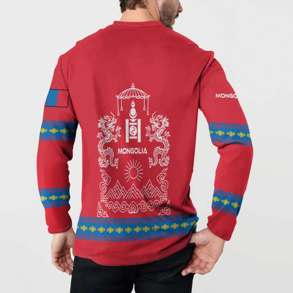 Mongolia Button Sweatshirt with Soyombo Dragon Sun Red Blue Tradition Spirit