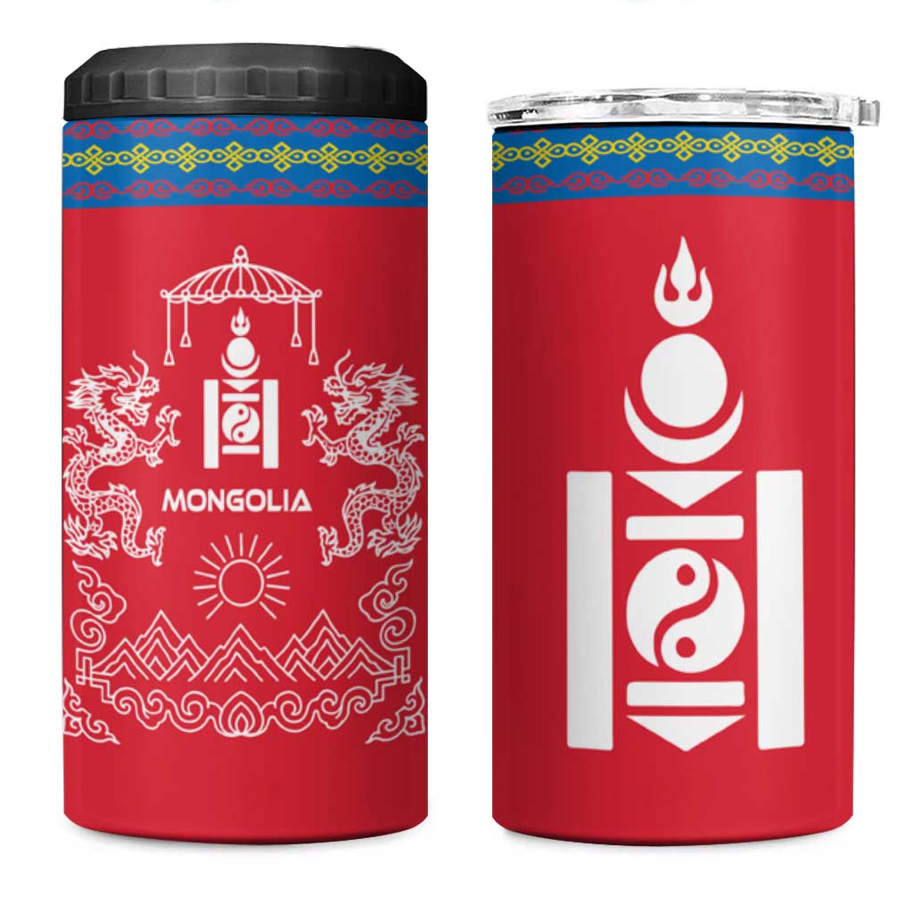 Mongolia 4 in 1 Can Cooler Tumbler with Soyombo Dragon Sun Red Blue Tradition Spirit