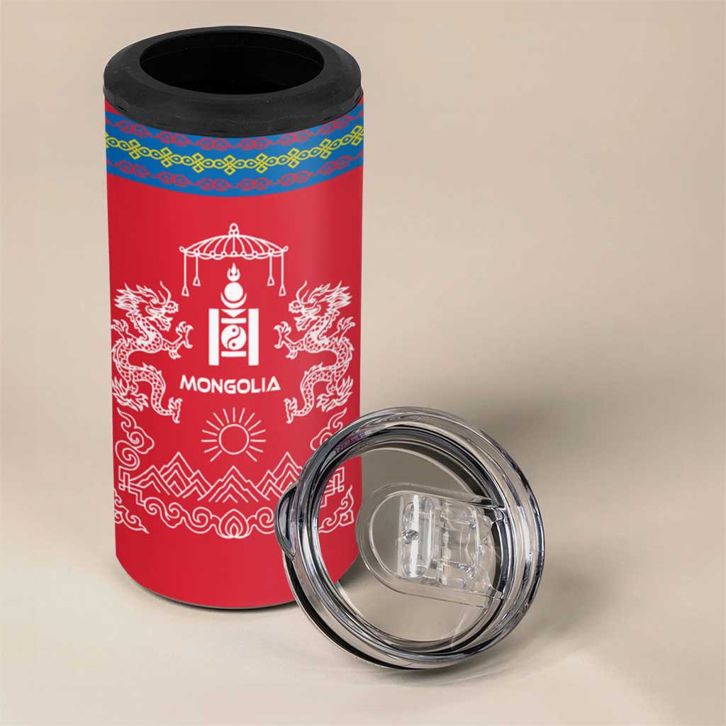 Mongolia 4 in 1 Can Cooler Tumbler with Soyombo Dragon Sun Red Blue Tradition Spirit