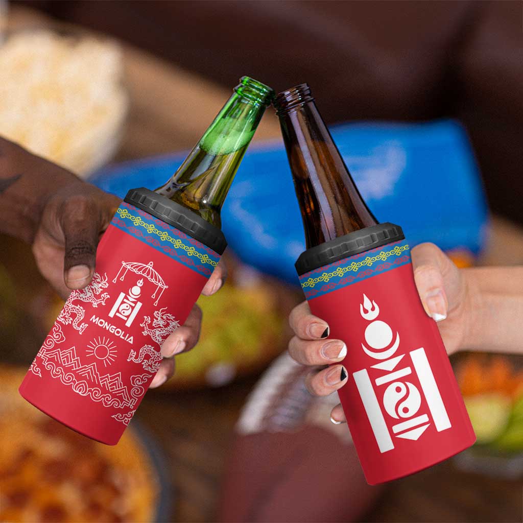 Mongolia 4 in 1 Can Cooler Tumbler with Soyombo Dragon Sun Red Blue Tradition Spirit