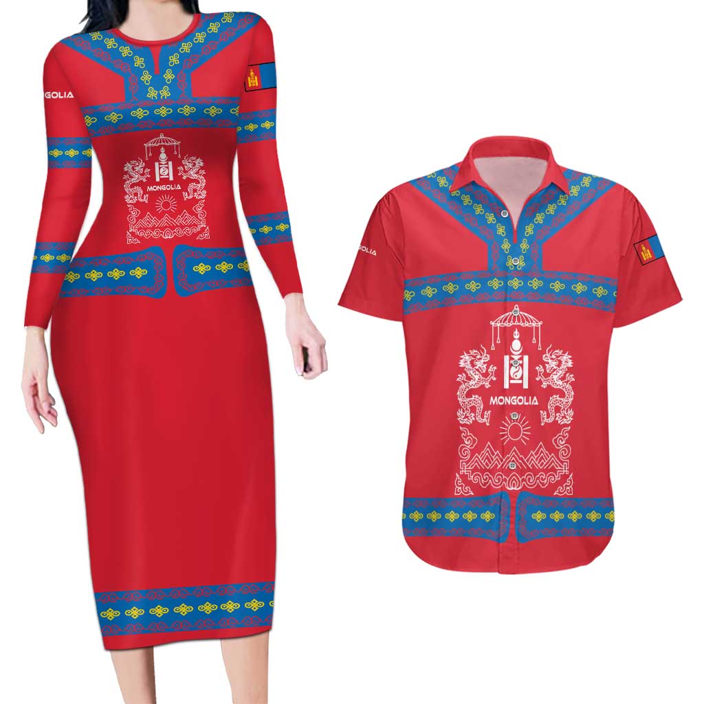 Mongolia Couples Matching Long Sleeve Bodycon Dress and Hawaiian Shirt with Soyombo Dragon Sun Red Blue Tradition Spirit