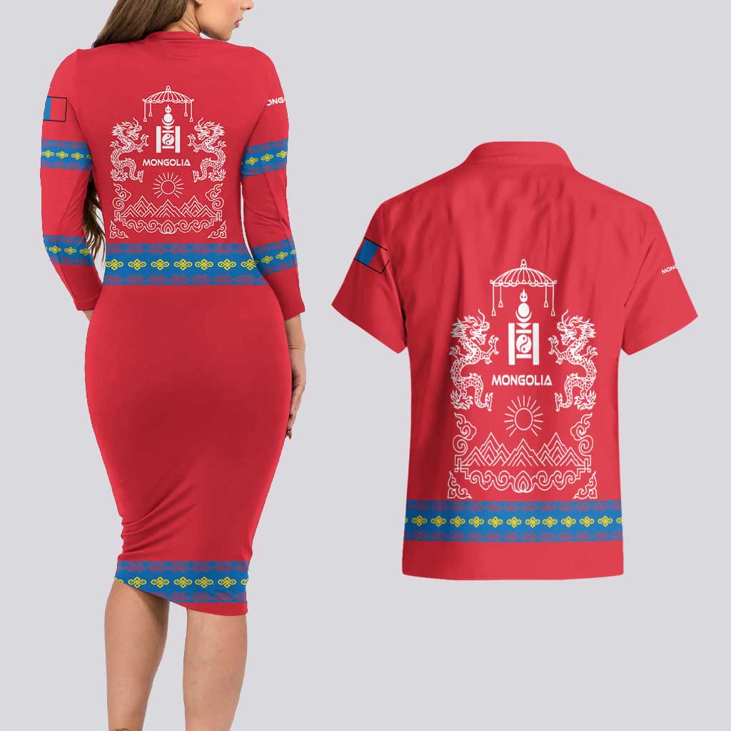 Mongolia Couples Matching Long Sleeve Bodycon Dress and Hawaiian Shirt with Soyombo Dragon Sun Red Blue Tradition Spirit