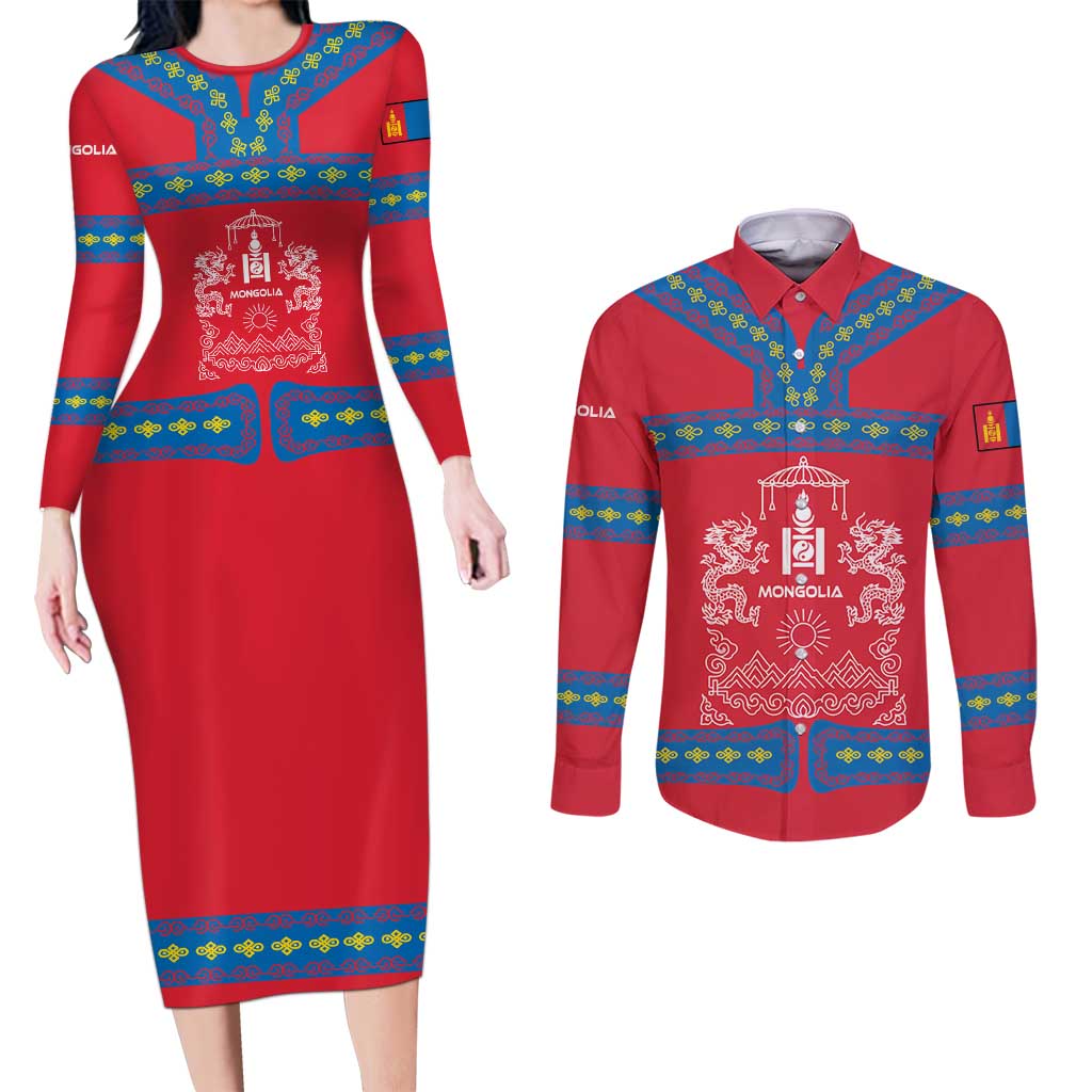 Mongolia Couples Matching Long Sleeve Bodycon Dress and Long Sleeve Button Shirt with Soyombo Dragon Sun Red Blue Tradition Spirit