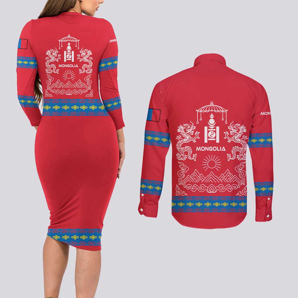 Mongolia Couples Matching Long Sleeve Bodycon Dress and Long Sleeve Button Shirt with Soyombo Dragon Sun Red Blue Tradition Spirit