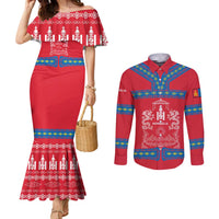 Mongolia Couples Matching Mermaid Dress and Long Sleeve Button Shirt with Soyombo Dragon Sun Red Blue Tradition Spirit