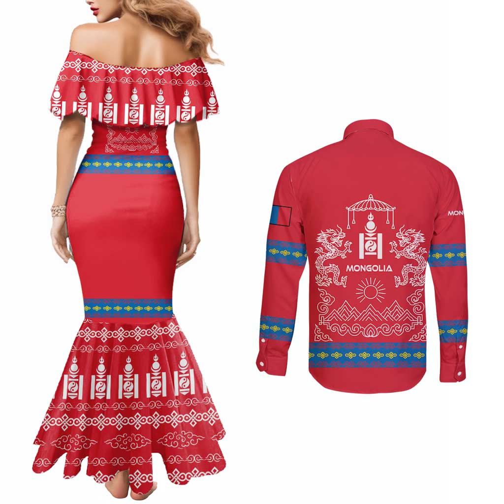 Mongolia Couples Matching Mermaid Dress and Long Sleeve Button Shirt with Soyombo Dragon Sun Red Blue Tradition Spirit