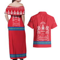 Mongolia Couples Matching Off Shoulder Maxi Dress and Hawaiian Shirt with Soyombo Dragon Sun Red Blue Tradition Spirit