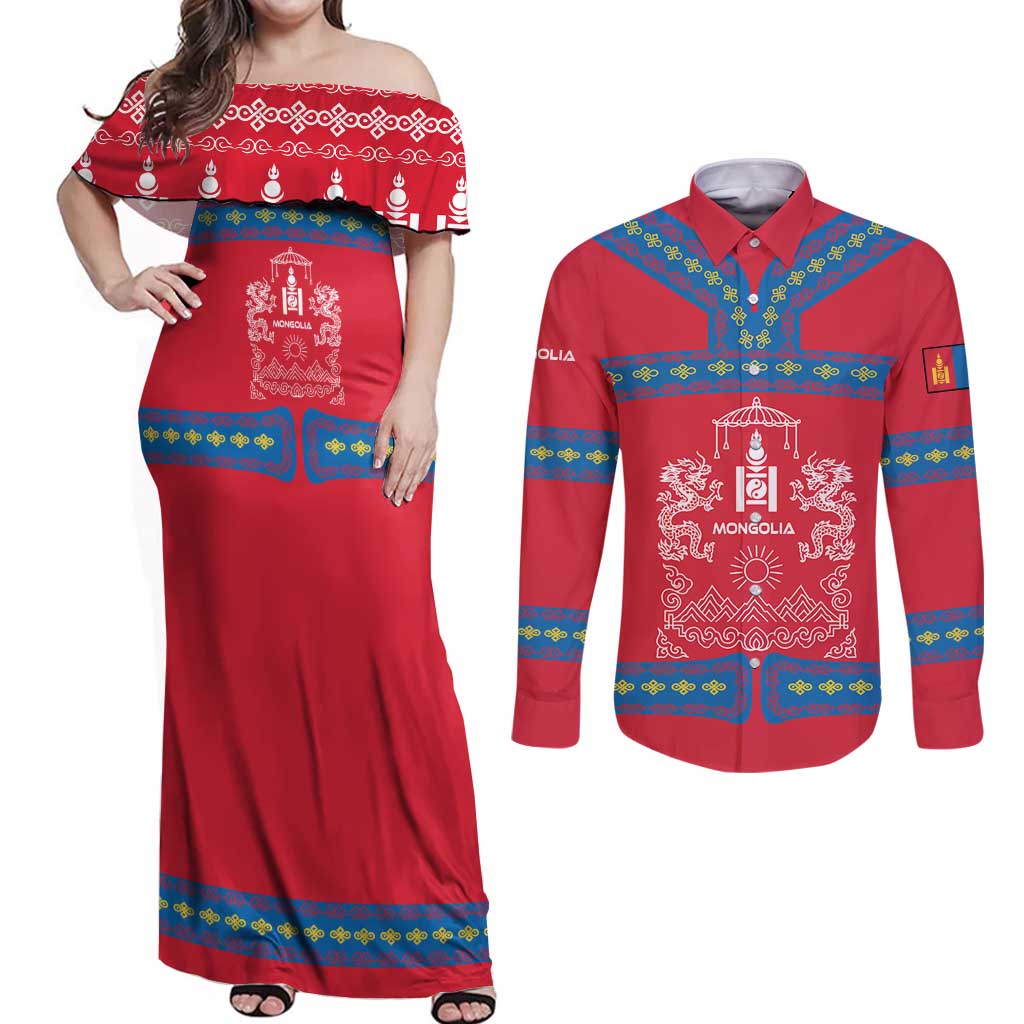 Mongolia Couples Matching Off Shoulder Maxi Dress and Long Sleeve Button Shirt with Soyombo Dragon Sun Red Blue Tradition Spirit
