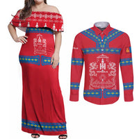 Mongolia Couples Matching Off Shoulder Maxi Dress and Long Sleeve Button Shirt with Soyombo Dragon Sun Red Blue Tradition Spirit