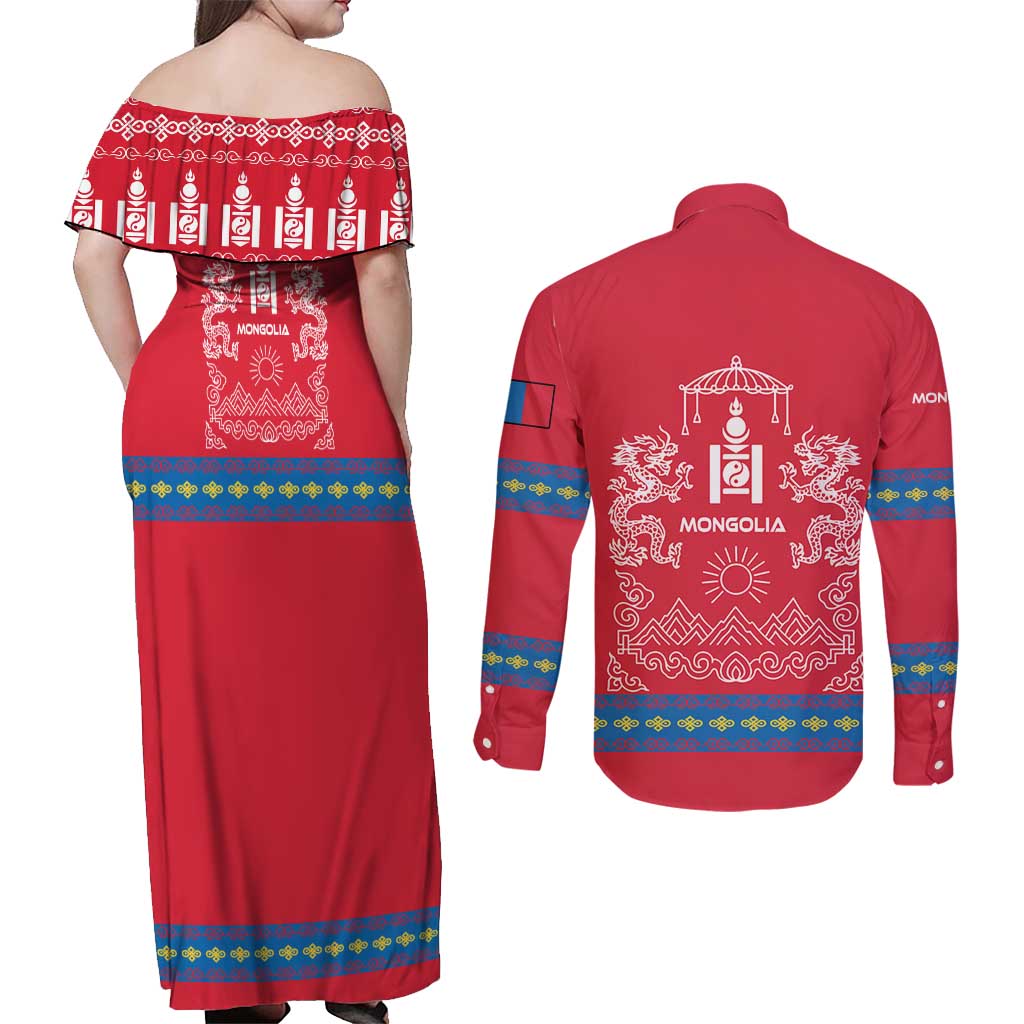 Mongolia Couples Matching Off Shoulder Maxi Dress and Long Sleeve Button Shirt with Soyombo Dragon Sun Red Blue Tradition Spirit