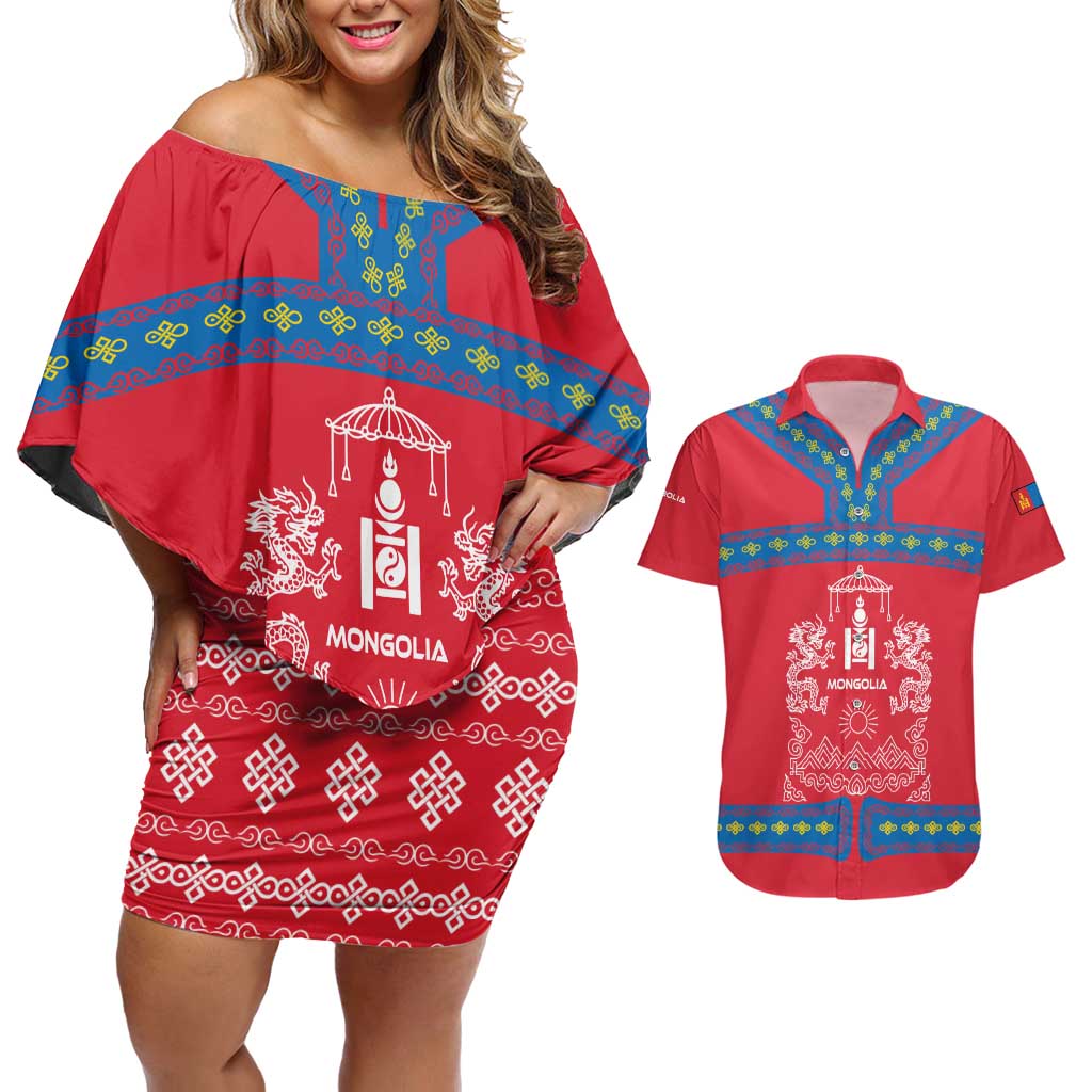 Mongolia Couples Matching Off Shoulder Short Dress and Hawaiian Shirt with Soyombo Dragon Sun Red Blue Tradition Spirit