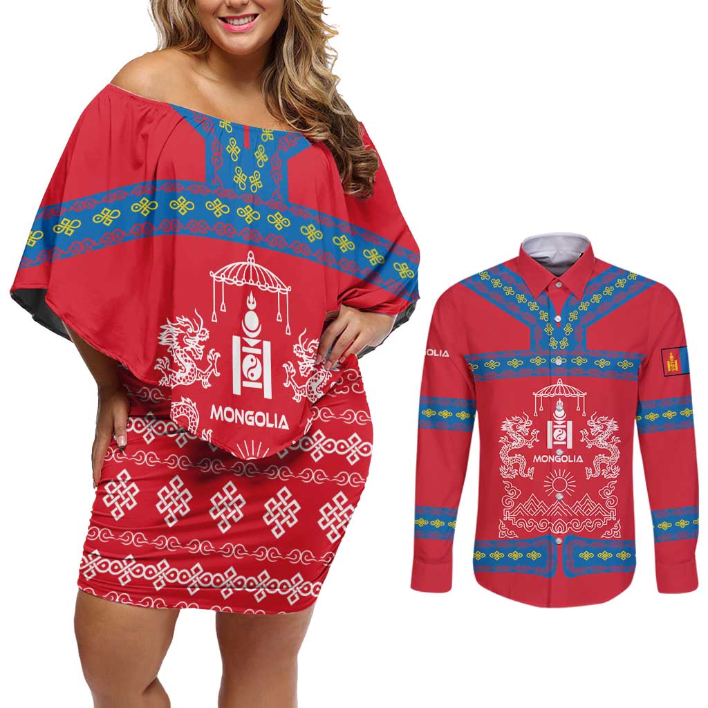 Mongolia Couples Matching Off Shoulder Short Dress and Long Sleeve Button Shirt with Soyombo Dragon Sun Red Blue Tradition Spirit
