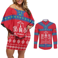 Mongolia Couples Matching Off Shoulder Short Dress and Long Sleeve Button Shirt with Soyombo Dragon Sun Red Blue Tradition Spirit